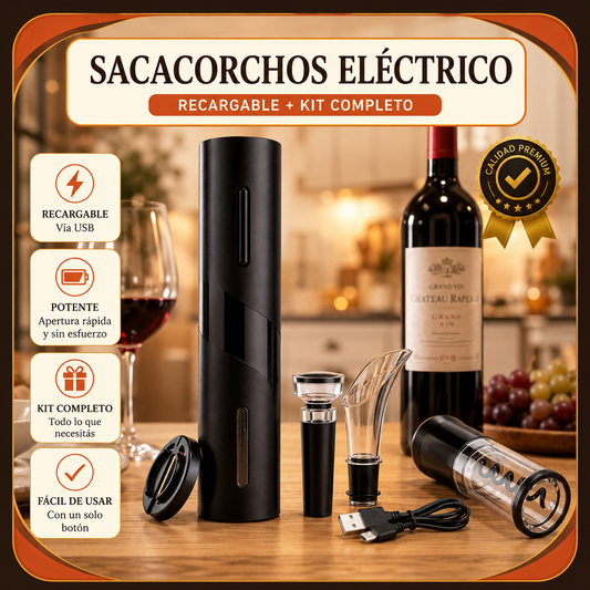 Sacacorchos Eléctrico Recargable + Kit Vinos Completo