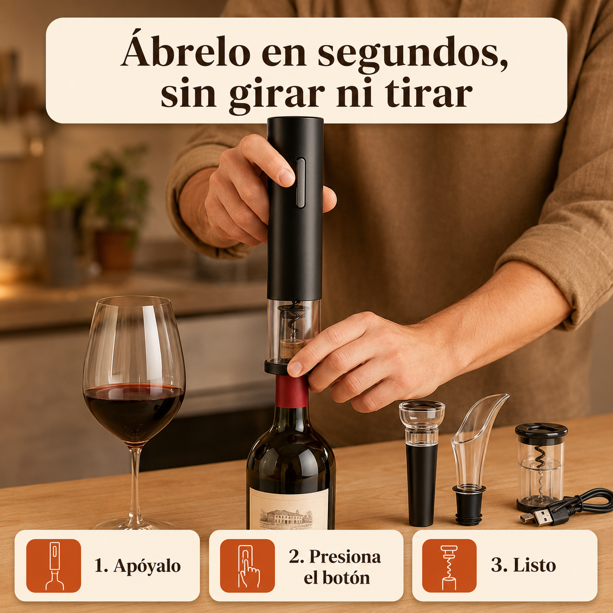 Sacacorchos Eléctrico Recargable + Kit Vinos Completo