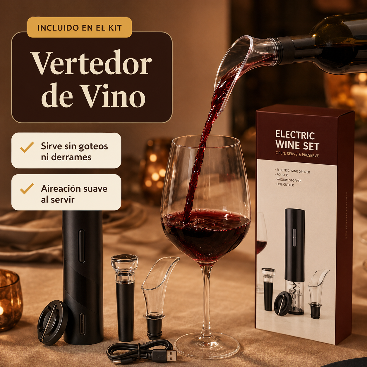 Sacacorchos Eléctrico Recargable + Kit Vinos Completo