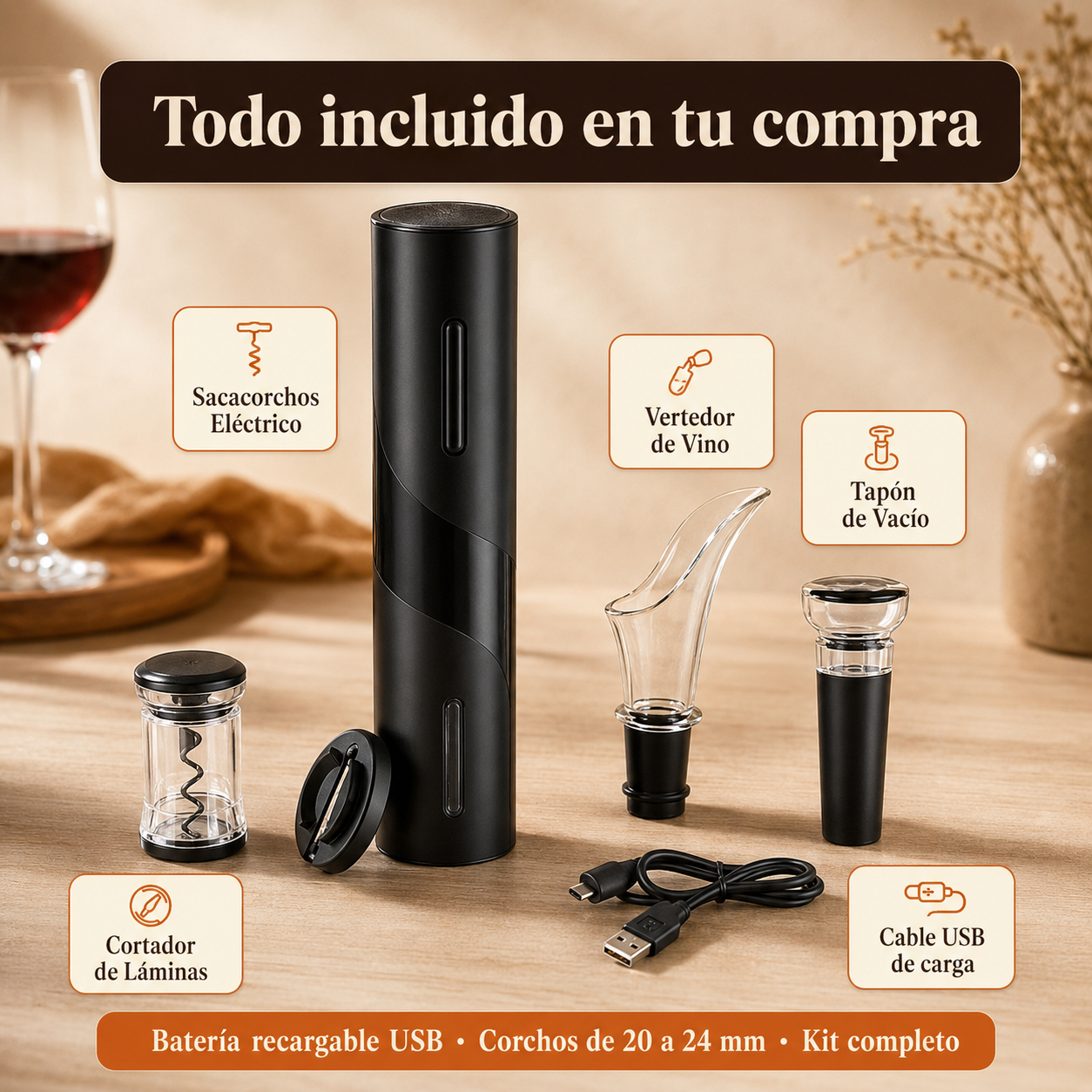 Sacacorchos Eléctrico Recargable + Kit Vinos Completo