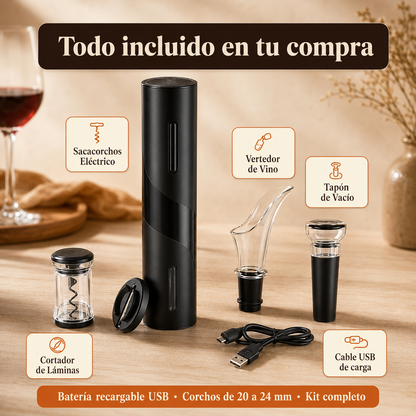 Sacacorchos Eléctrico Recargable + Kit Vinos Completo
