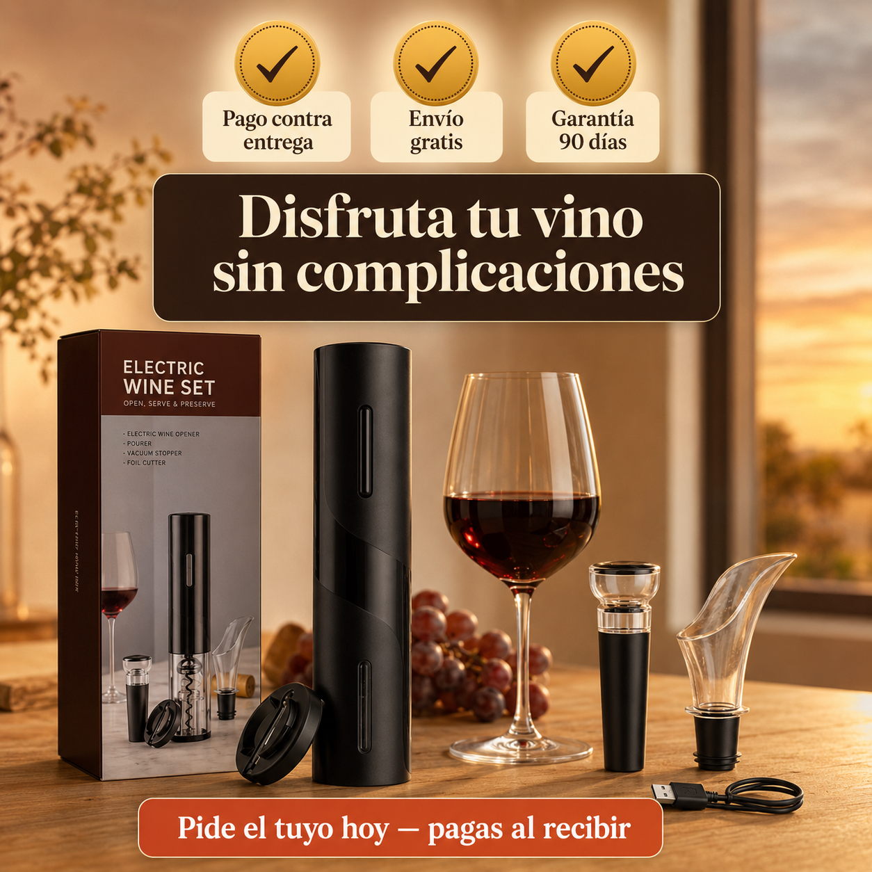 Sacacorchos Eléctrico Recargable + Kit Vinos Completo